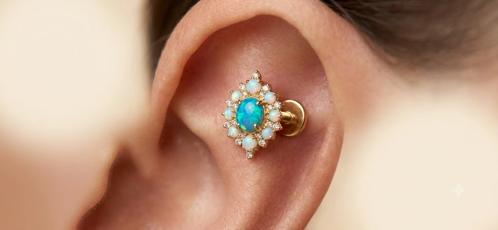 Flat helix piercing on upper ear cartilage