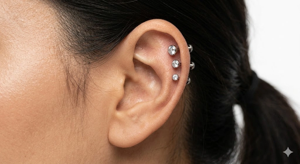 Triple helix piercing three-stud stack on ear